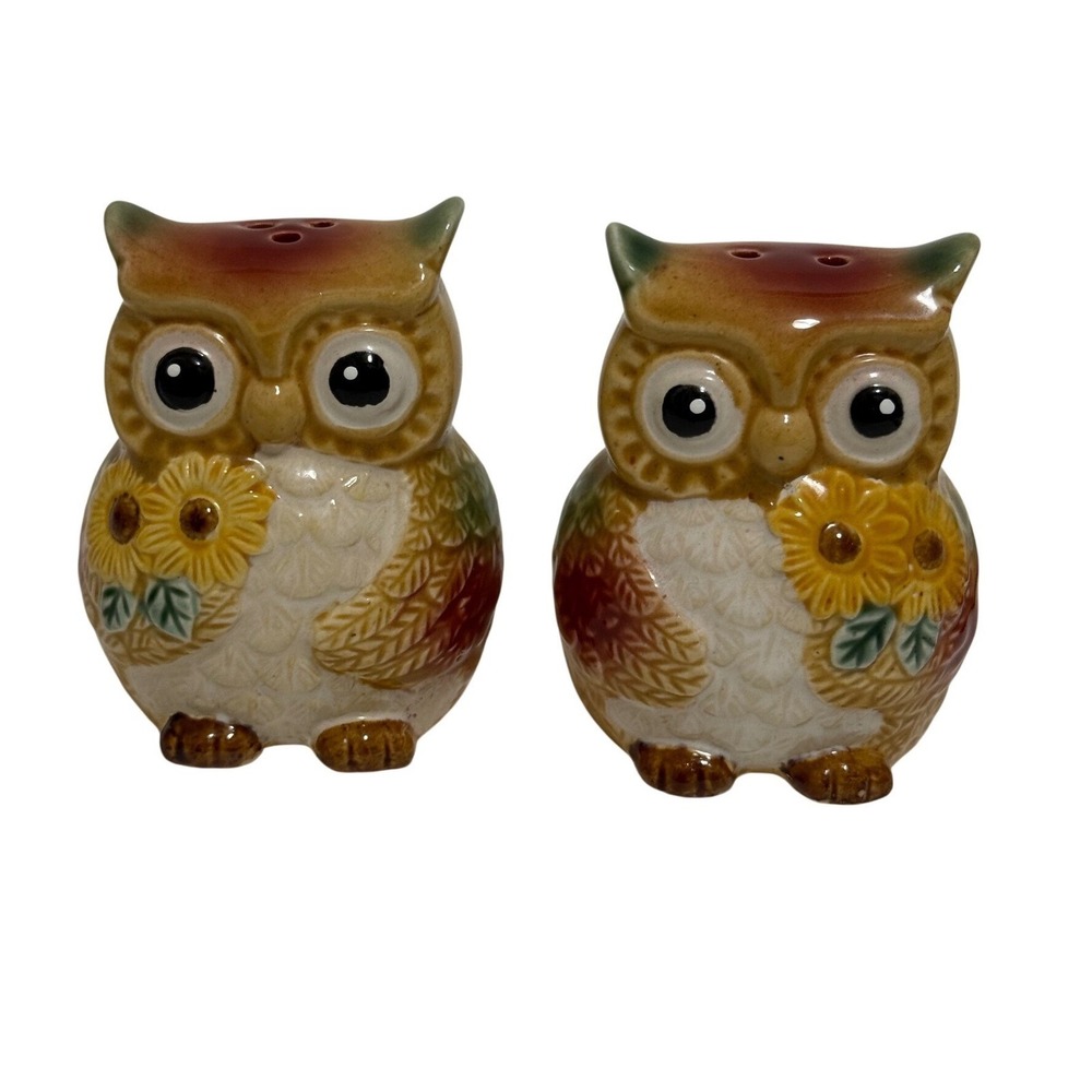 Vintage Style Ceramic Owl Salt and Pepper Shakers Sunflower Harvest Brown‎ 3in